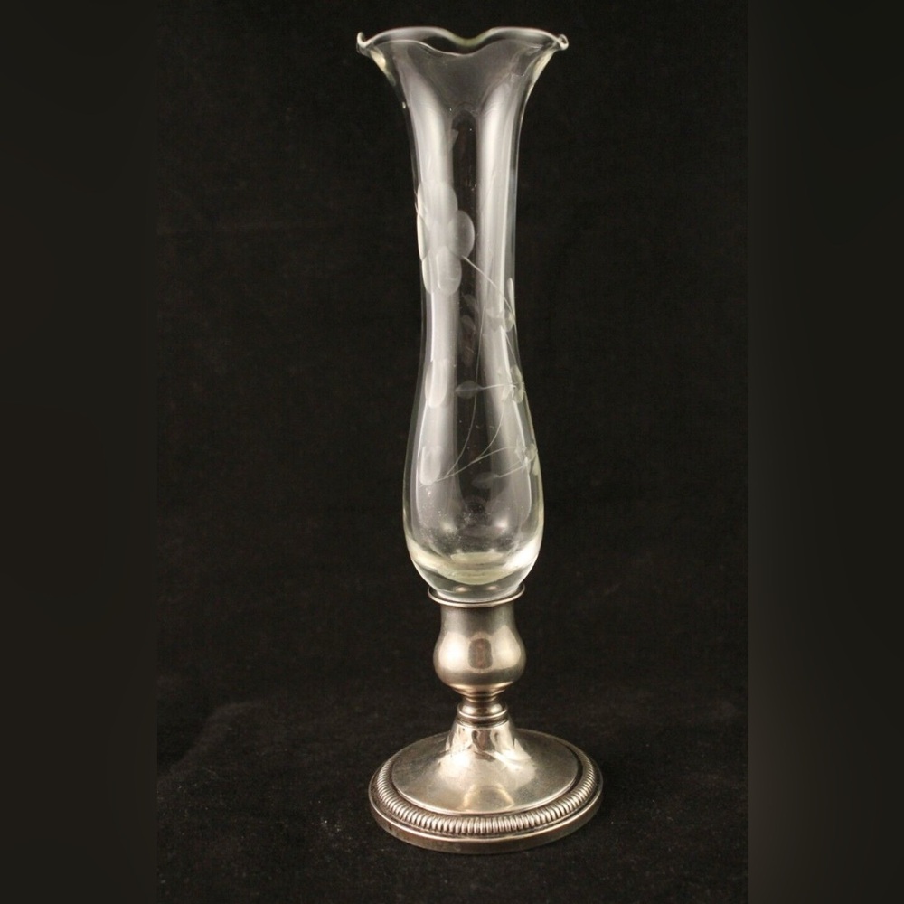 Antique Fisher Sterling Single Rose Vase, Floral Etching